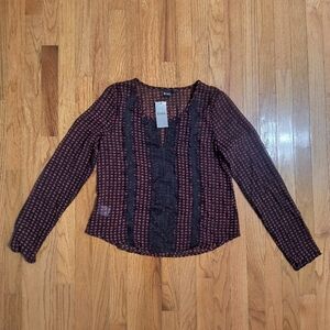 3/$10⭐ NWT Cruel Denim Sheer Black With Red Lipstick Print Shirt, Women's Small